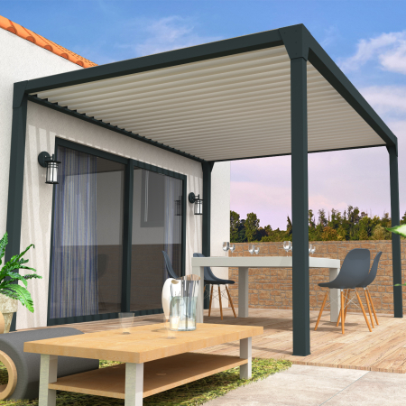 Pérgola bioclimática BERYL auto suportada - Misto Cinza antracite/Branco - 3,50x4,00 M - Cilindro com telecomando  - 2