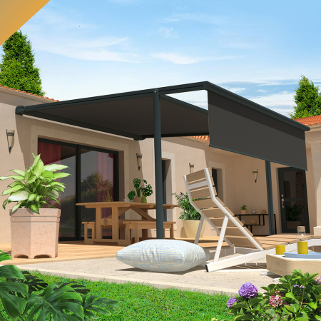 Pérgola Tela PYRITE 4,00x3,00 M Motorizado c/ Socorro e telecomando + Cofre LED + Lambrequim (Branco - Gris Graphite)  - 1