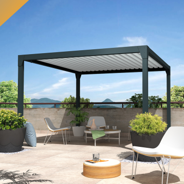 Pérgola bioclimática BERYL auto suportada - Misto Cinza antracite/Branco - 3,50x4,00 M - Cilindro com telecomando  - 1